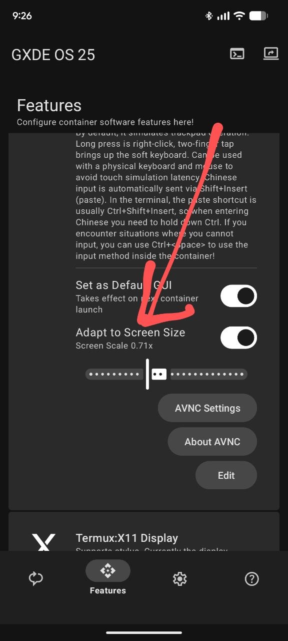 Kartu AVNC di GXDE OS dengan penunjuk merah ke tombol Adapt to Screen Size