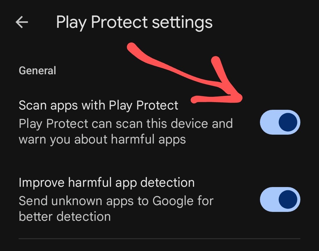 Tampilan keempat dalam urutan menonaktifkan Google Play Protect; ikuti penunjuk merah